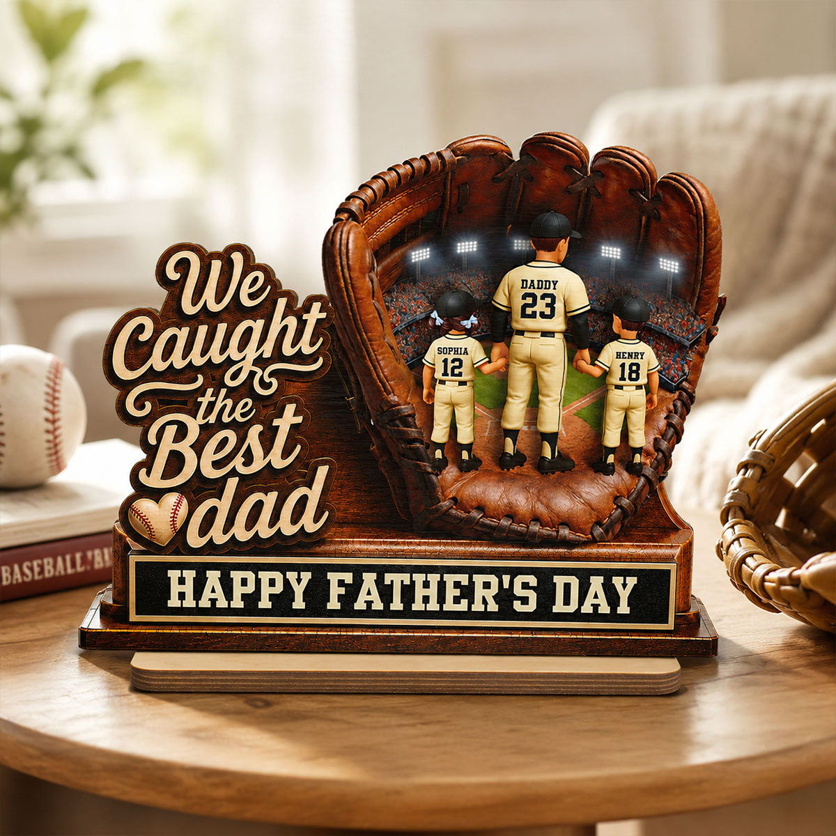 We Caught The Best Dad Dad & Kids In Glove - Personalized 2-Layered Wooden Plaque - Happy For Baseball Dad