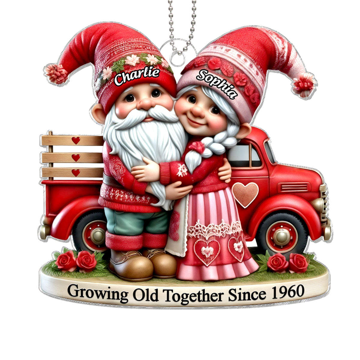 3D Effect Gnome Old Couple And Truck Personalized Car Hanger Ornament, Gift For Couple, For Him, For Her, Husband, Wife