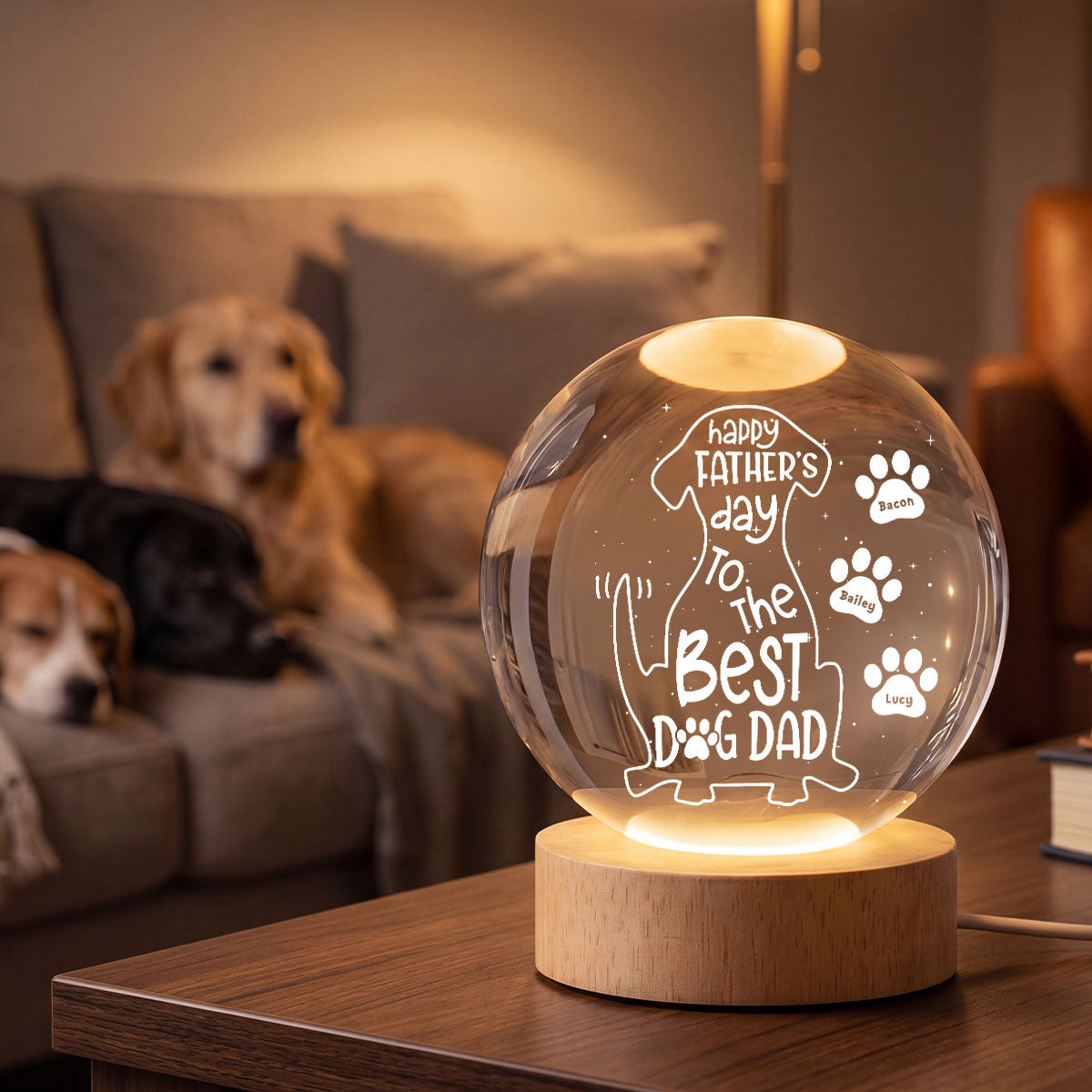 Happy Dog Dad - Personalized Crystal Ball LED Night Light - Heartfelt Gift for Husband