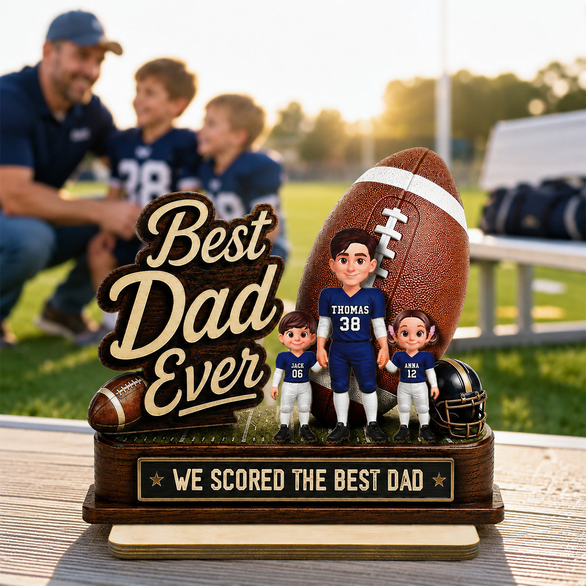 We Scored The Best Dad American Football Dad & Kids - Personalized 2-Layered Wooden Plaque - Gift For American Football Dad