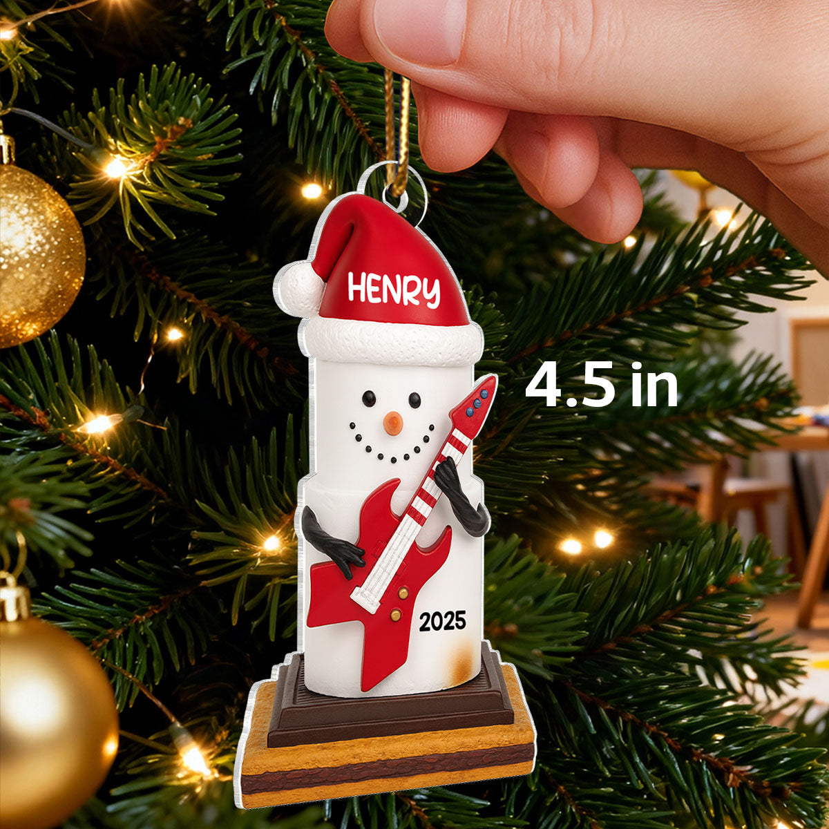 Snow Man Playing Guitar On Chocolate and Cracker - Personalized Acrylic Ornament- Gift for Guitar Lovers