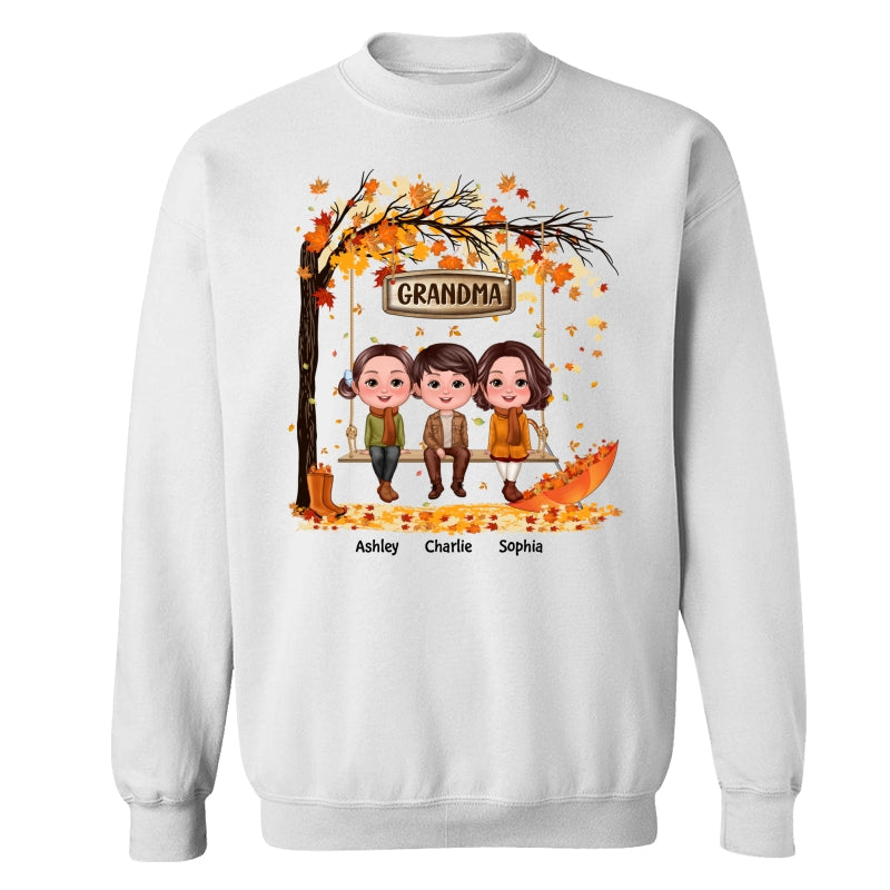 Fall Season Kids Sitting On Swing Grandma Mom Personalized Shirt