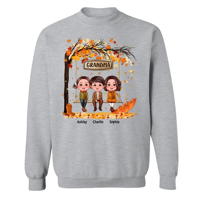 Fall Season Kids Sitting On Swing Grandma Mom Personalized Shirt
