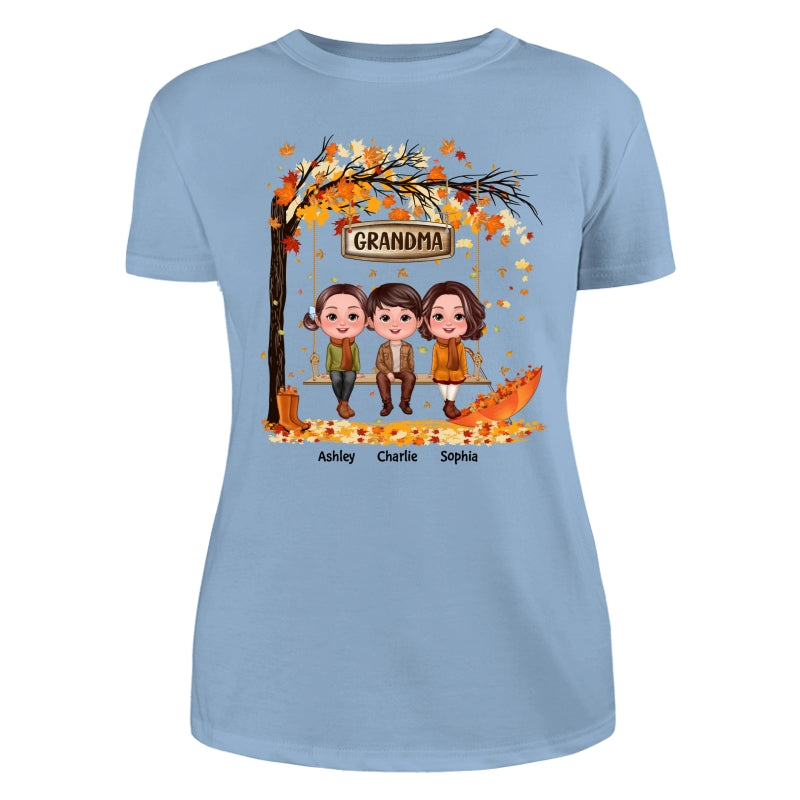 Fall Season Kids Sitting On Swing Grandma Mom Personalized Shirt