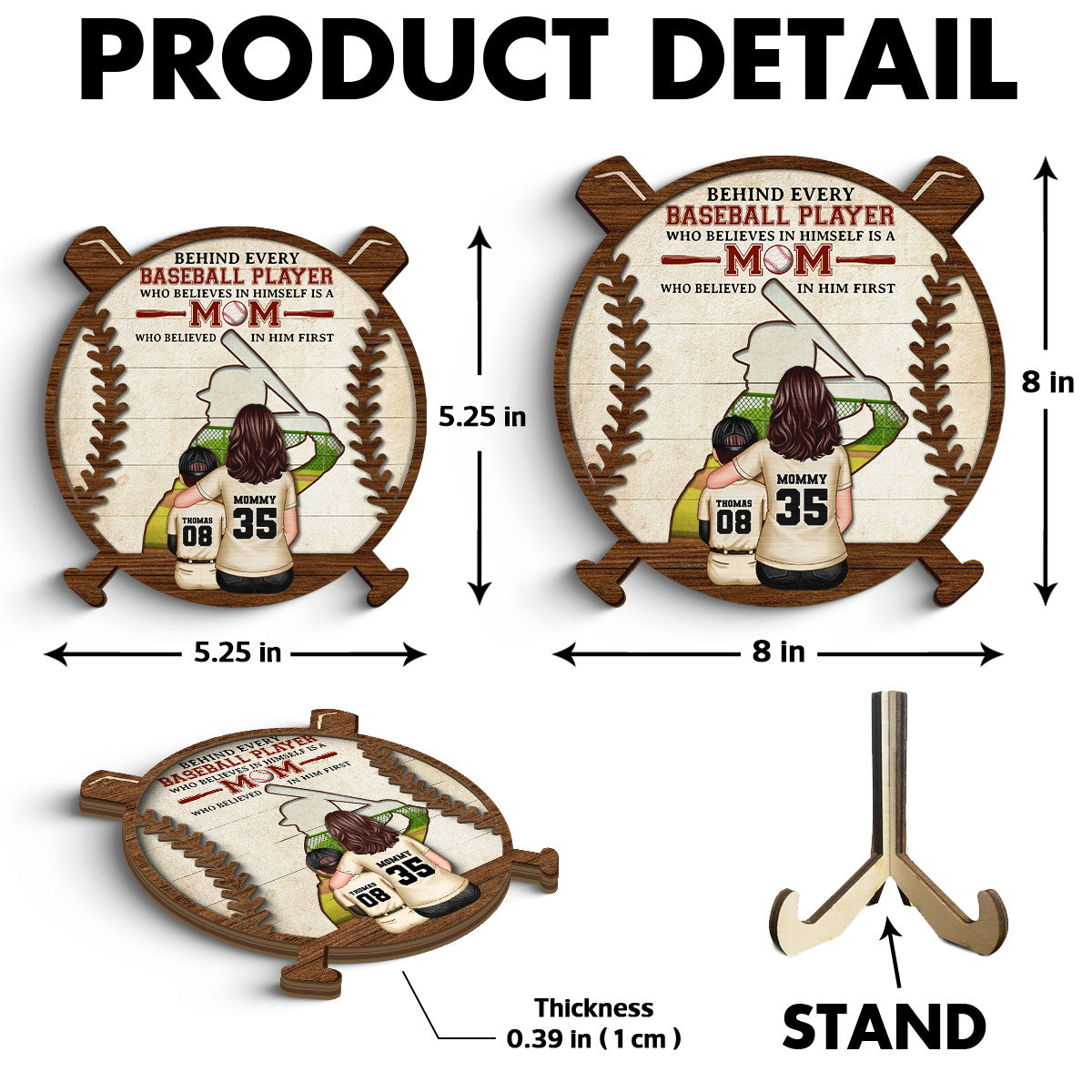 Baseball Mom Behind Every Baseball Player Personalized 2-Layer Wooden Plaque, Gift for Mom