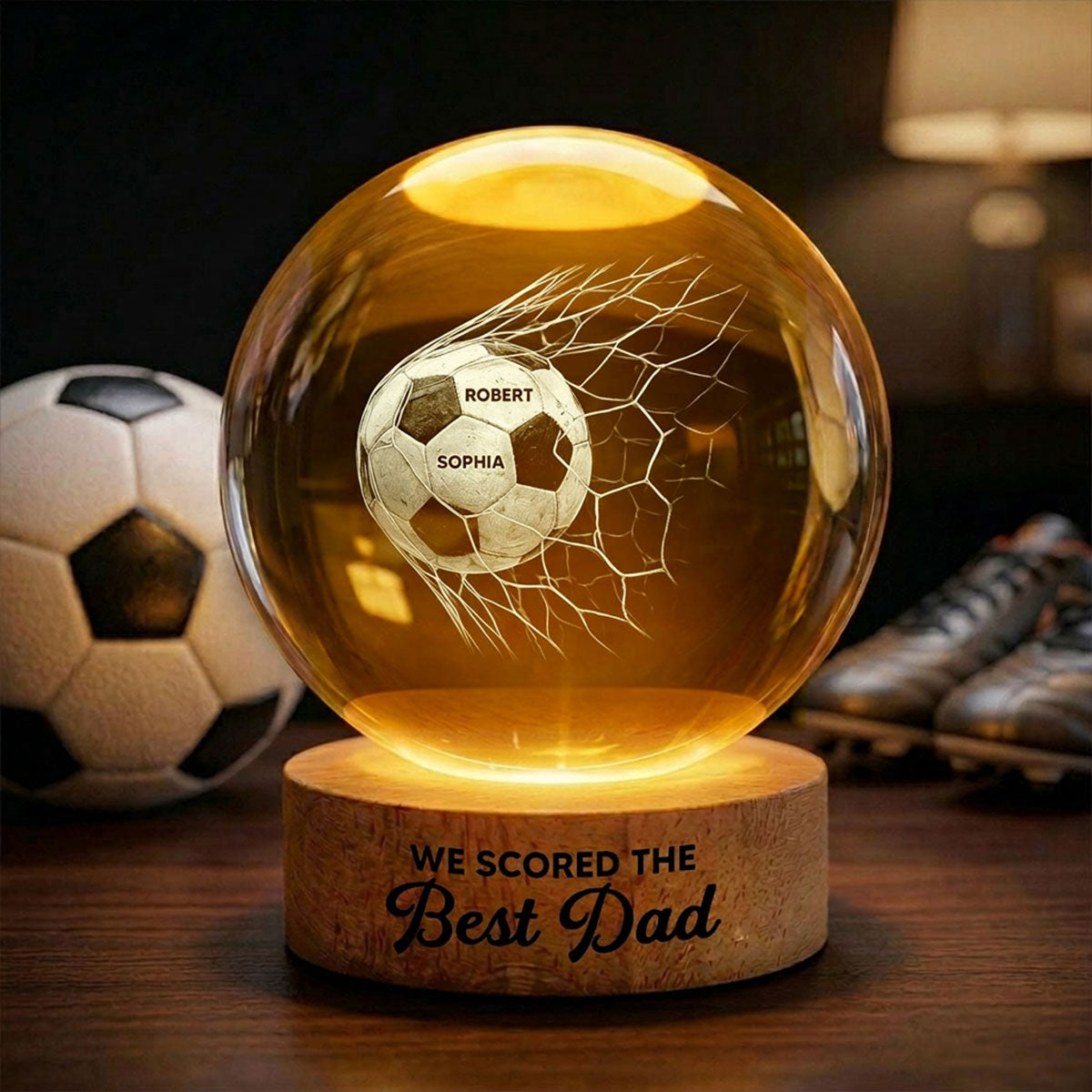 We Scored The Best Dad - Personalized Crystal Ball LED Night Light - Gift For Sport Dad | Soccer, UK Football, Baseball, Basketball, American Football
