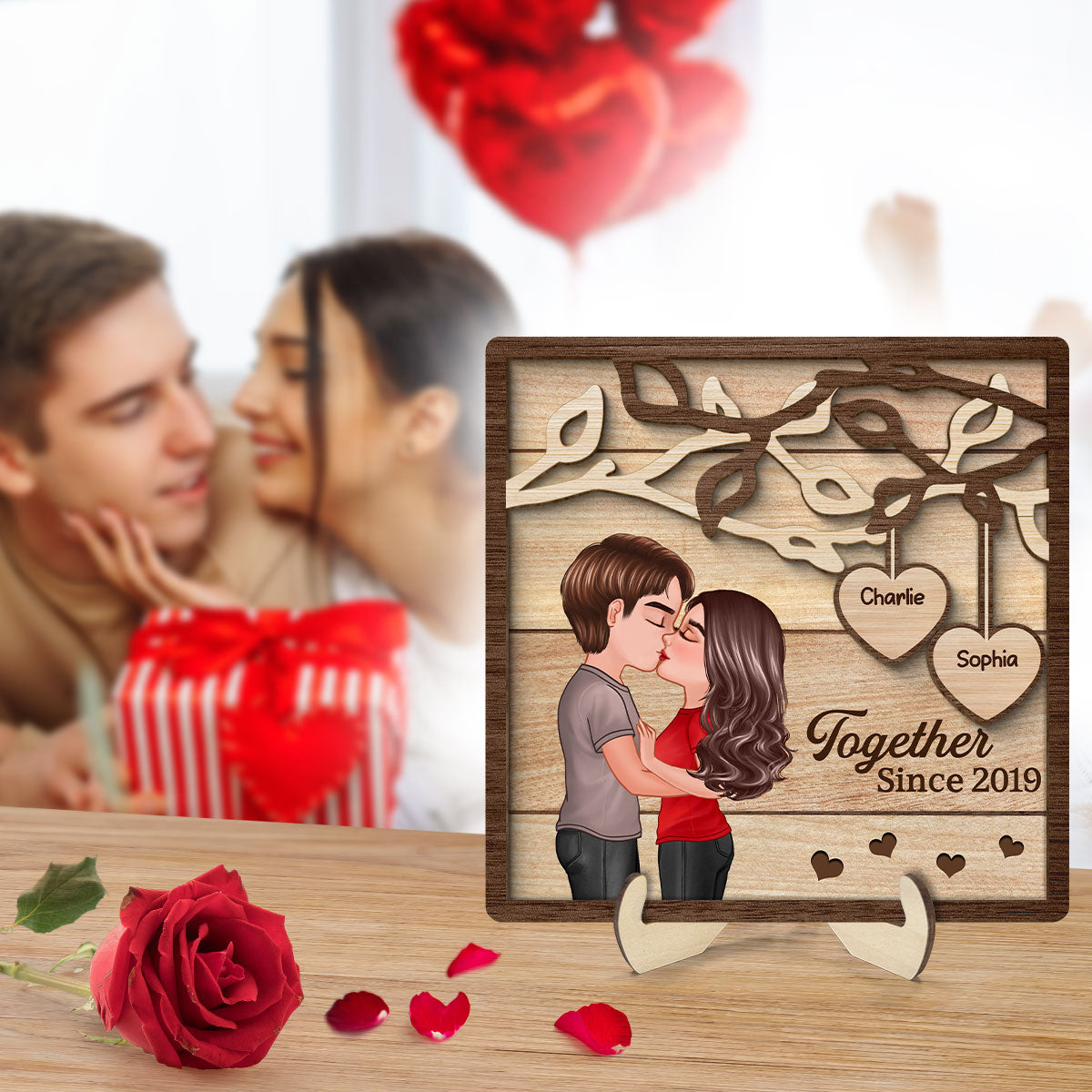 Couple Kissing Under Tree Personalized 2-Layer Wooden Plaque, Gift for Him, Gift for Her