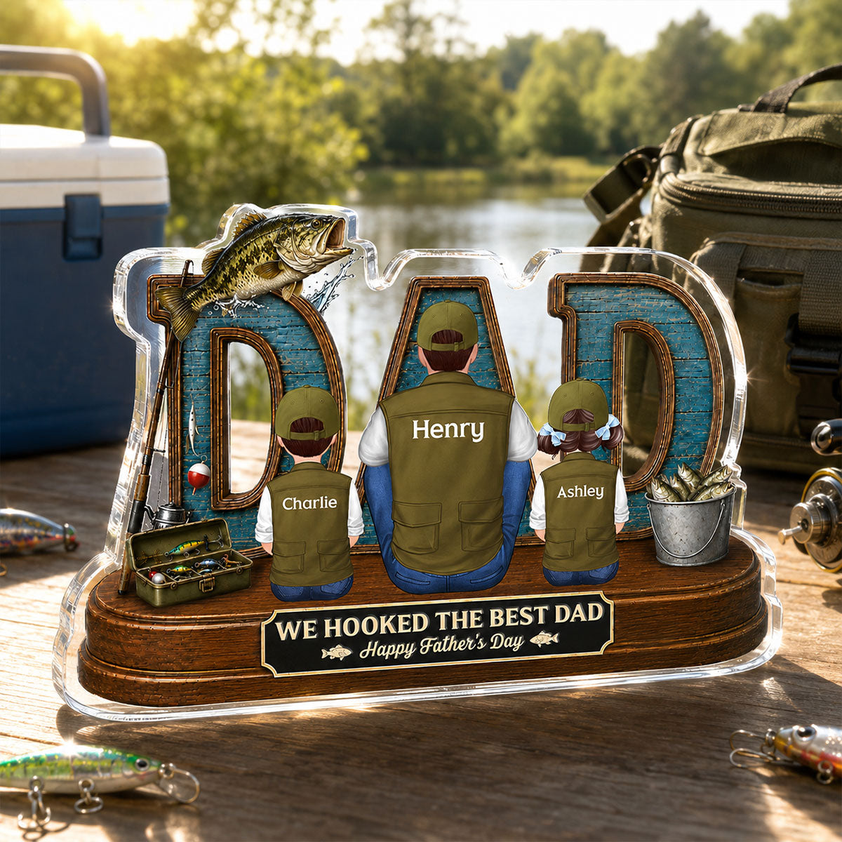 Fishing Dad And Kids We Hooked The Best Dad - Personalized Acrylic Block Plaque - Gift For Dad, Husband