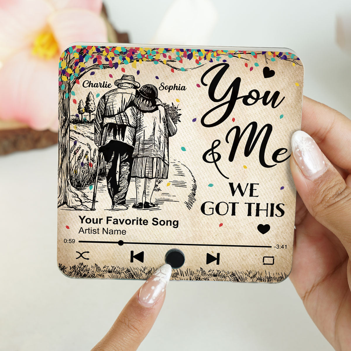 Colorful Tree Old Couple Walking Personalized Music Fridge Magnet, Heartfelt Gift For Couple, For Him, For Her, Boyfriend, Girlfriend, Husband, Wife