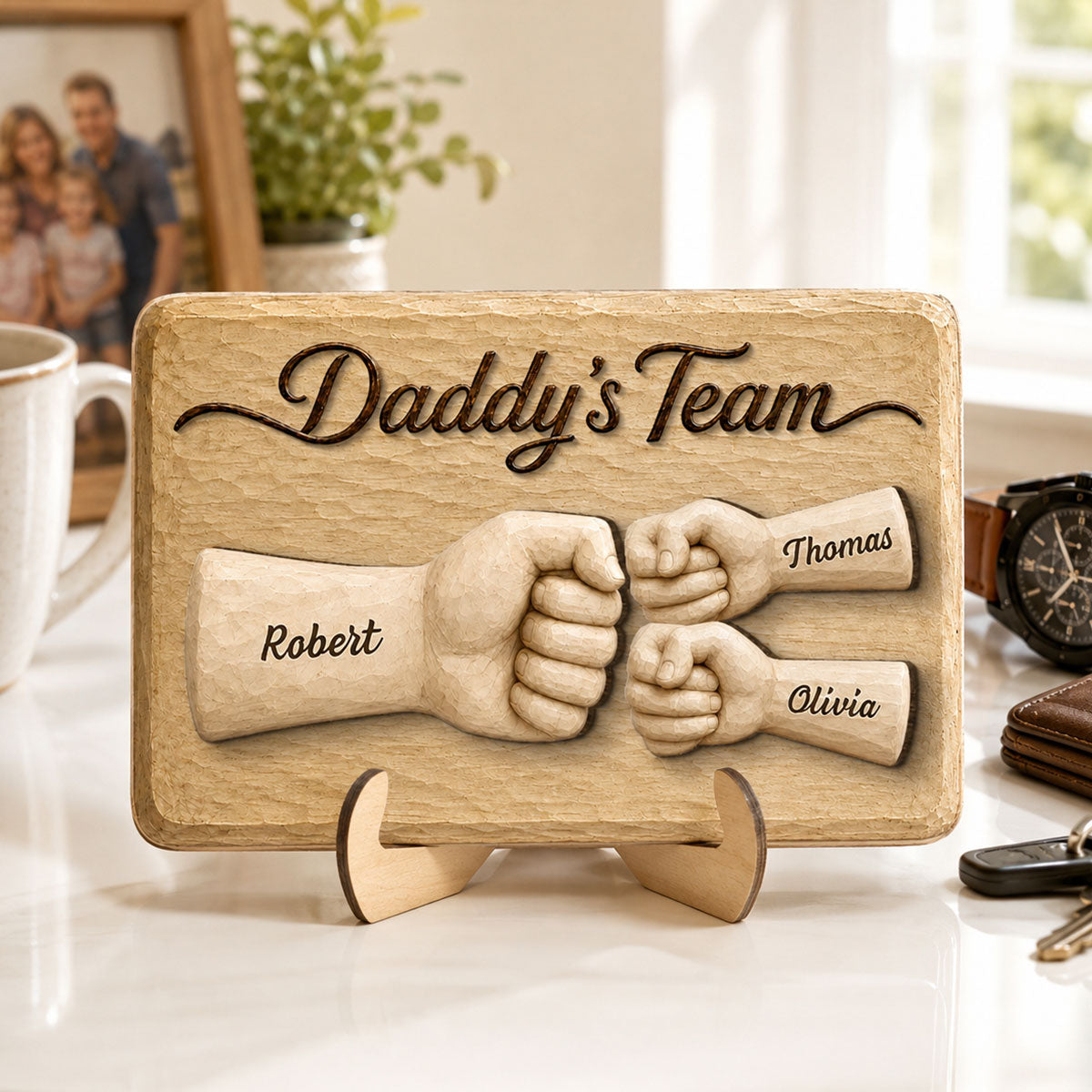 Sentimental Rustic Daddy's Team Fist Bump - Personalized 2-Layered Wooden Plaque - Gift For Dad, Husband