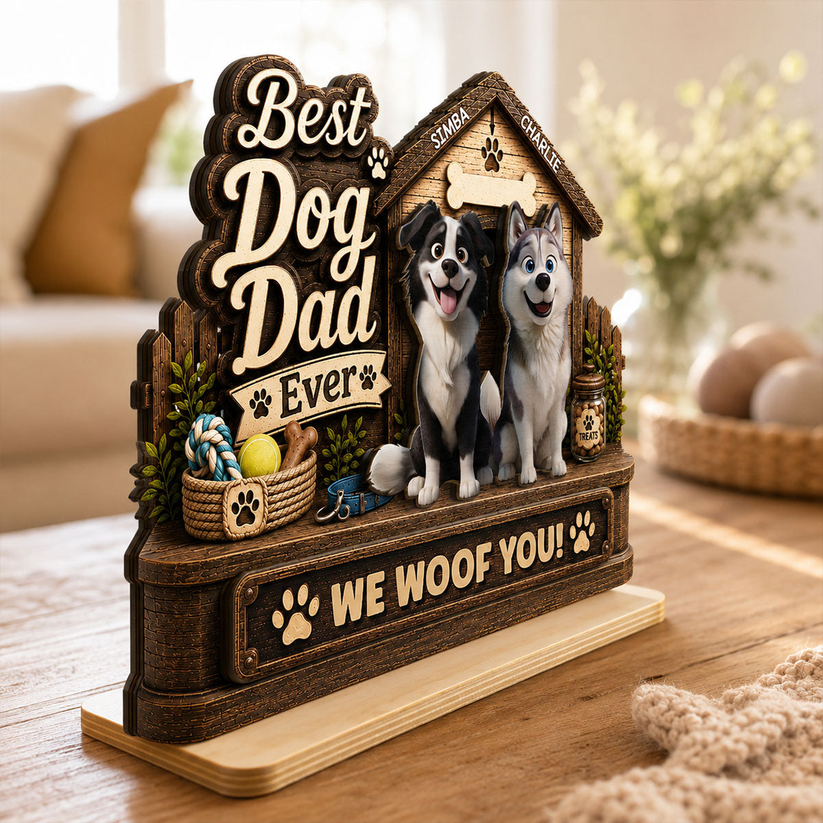 Best Dog Dad Ever Cute Dogs 2D Flat - Personalized 2-Layered Wooden Plaque - Gift For Dog Dad
