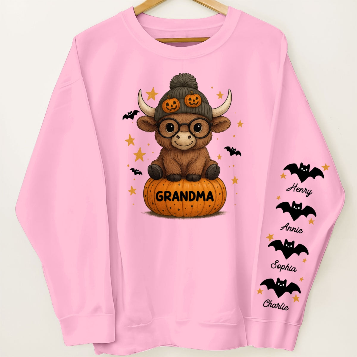 Halloween Highland Cow Grandma Personalized Sleeve Printed Sweatshirt