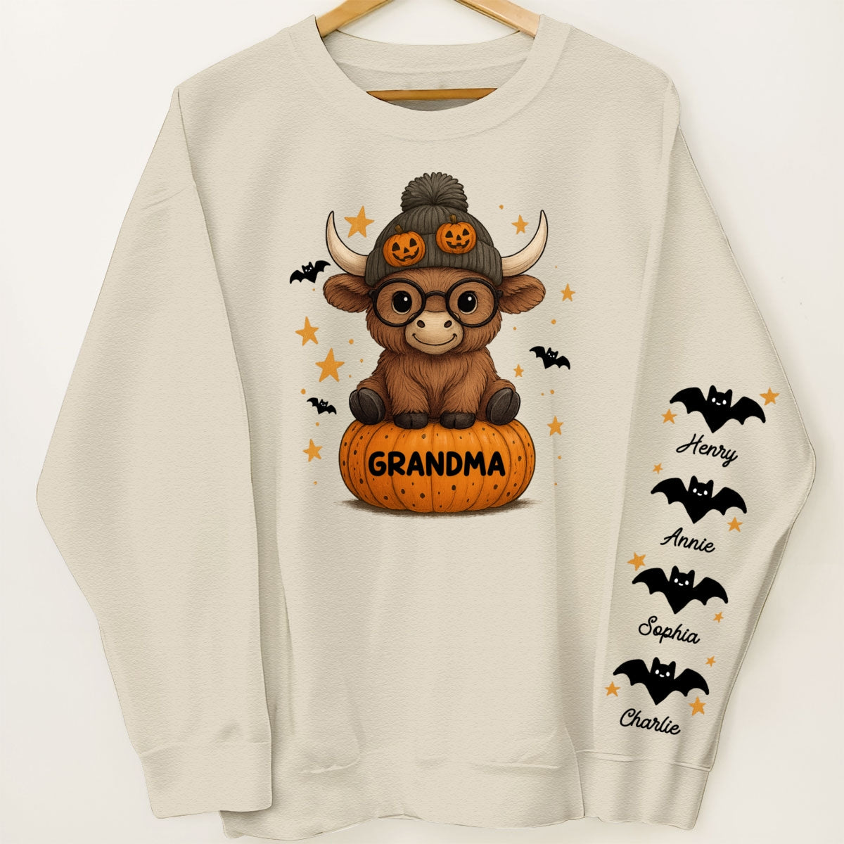 Halloween Highland Cow Grandma Personalized Sleeve Printed Sweatshirt