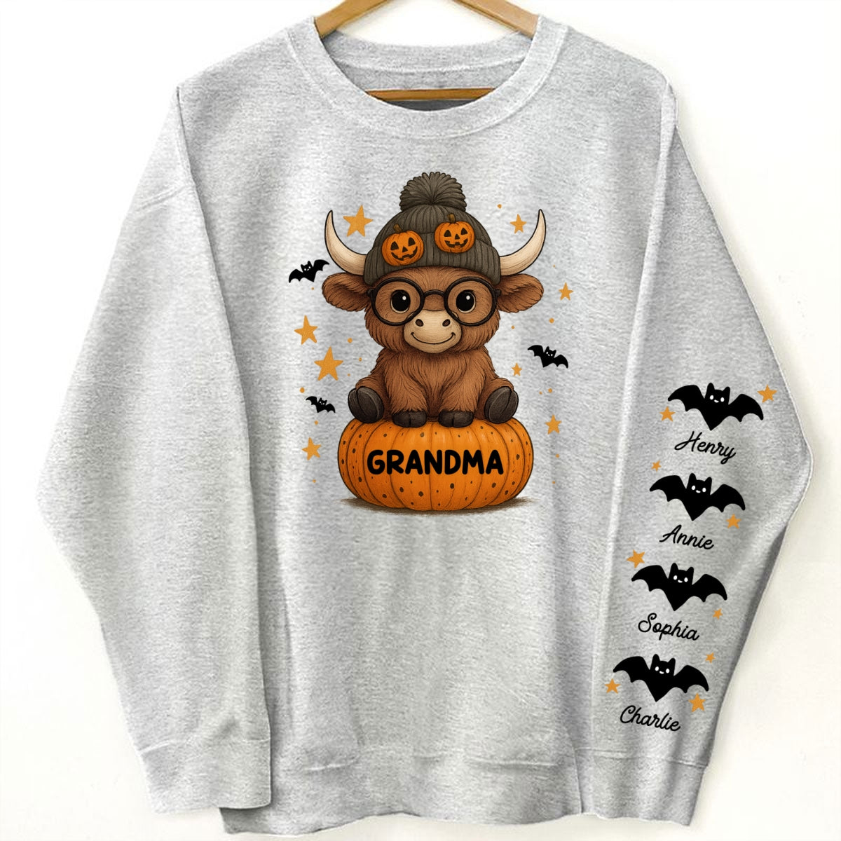 Halloween Highland Cow Grandma Personalized Sleeve Printed Sweatshirt