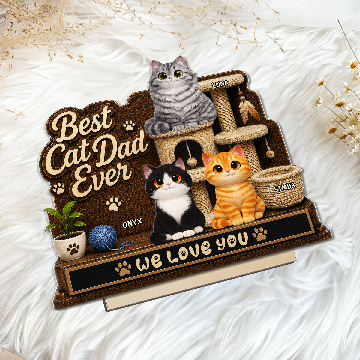 Best Cat Dad Ever Cute Cats On Cat Tree 2D Flat - Personalized 2-Layered Wooden Plaque - Gift For Cat Dad
