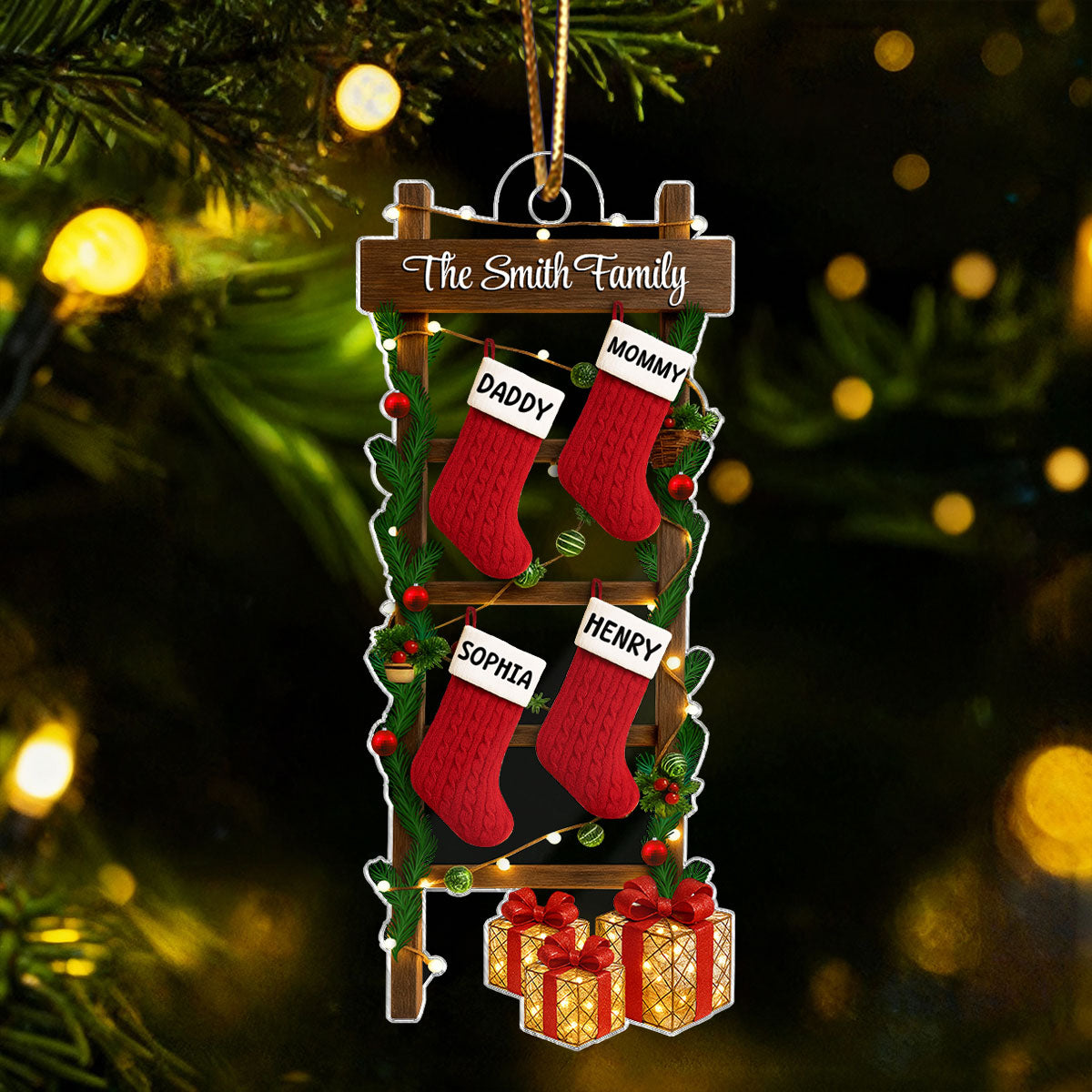 Family Names Ladder Stocking 3D Effect - Persnalized Acrylic Ornament - Christmas Gift