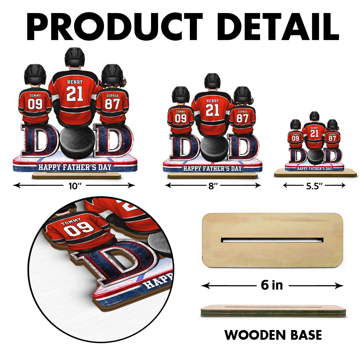 Hockey Dad And Kids Sitting Together - Personalized 2-Layered Wooden Plaque - Gift, Gift For Hockey Dad, Gift For Husband