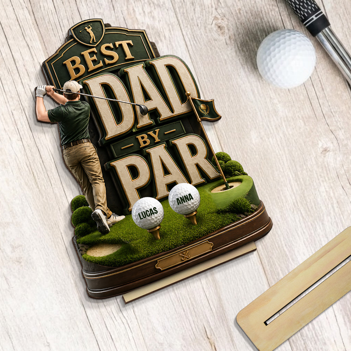 Golf Dad & Kids Best Dad By Par - Personalized 2-Layered Wooden Plaque - Gift For Dad, Husband