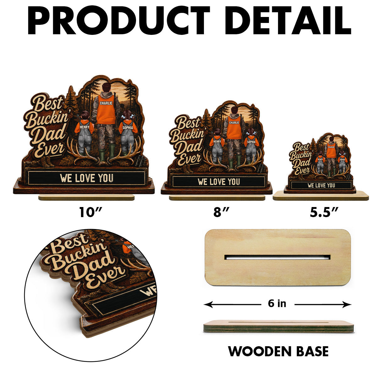 Best Buckin' Dad Papa Ever Hunting Man & Kids 2D Flat - Personalized 2-Layered Wooden Plaque - Gift For Hunting Dad, Grandpa
