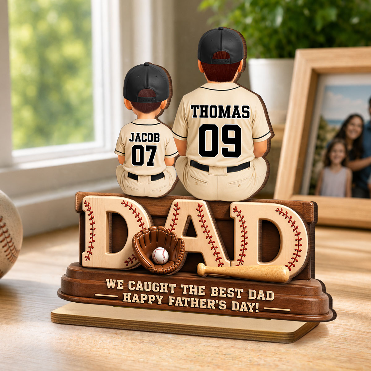 We Caught the Best Baseball Dad, Dad & Kids Back View - Personalized 2-Layered Wooden Plaque - Gift for Dad, Husband