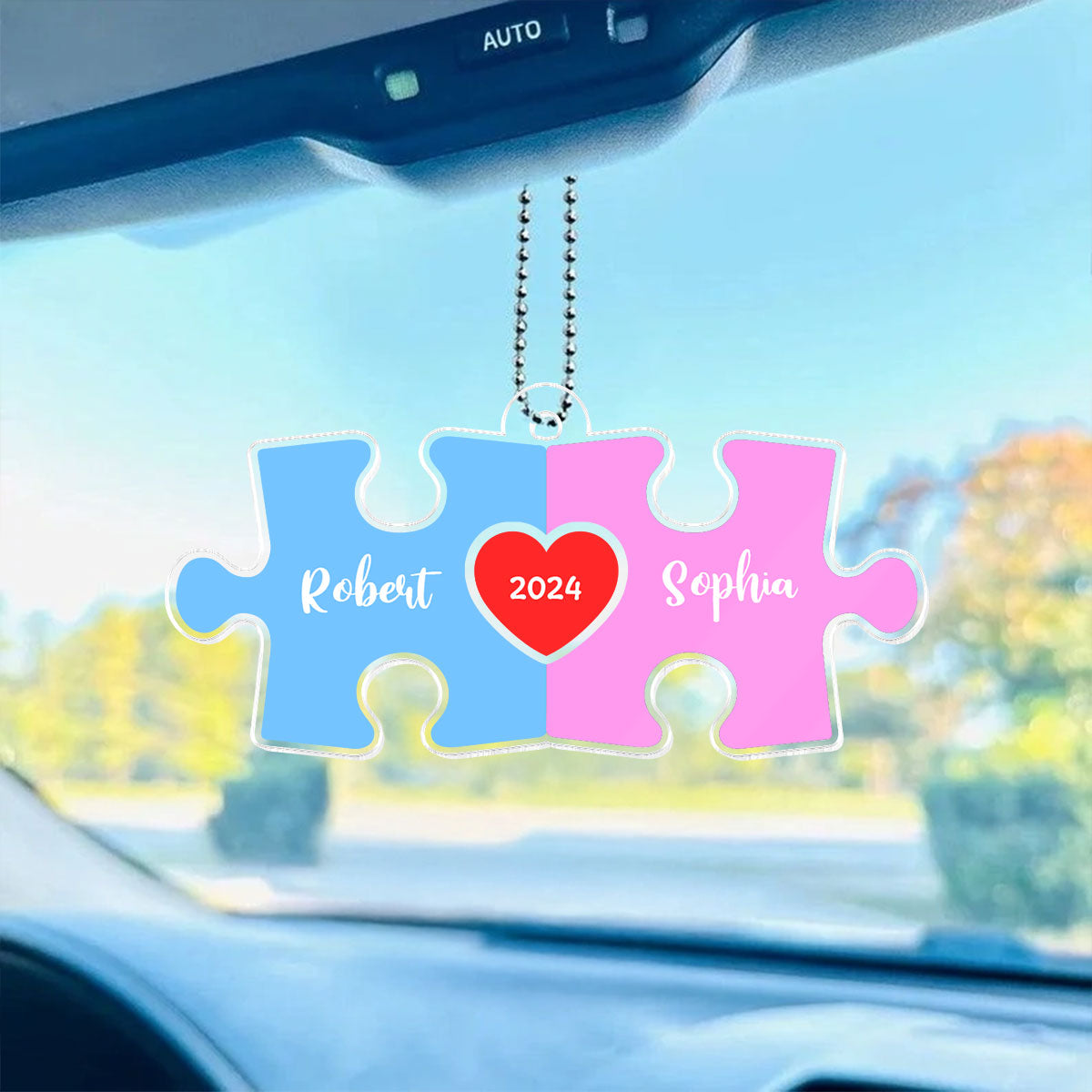 Love Is The Piece That Holds Us Together Acrylic Car Hanger, Personalize Couple Puzzle Name Sign, Gift For Him, For Her, Wedding Gift