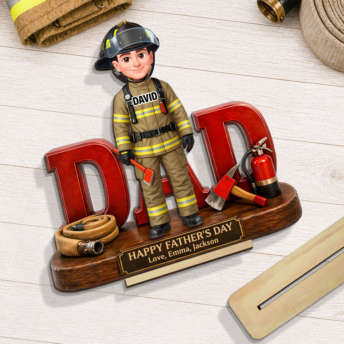 Proud American Firefighter Dad - Personalized 2-Layered Wooden Plaque - Gift For Dad