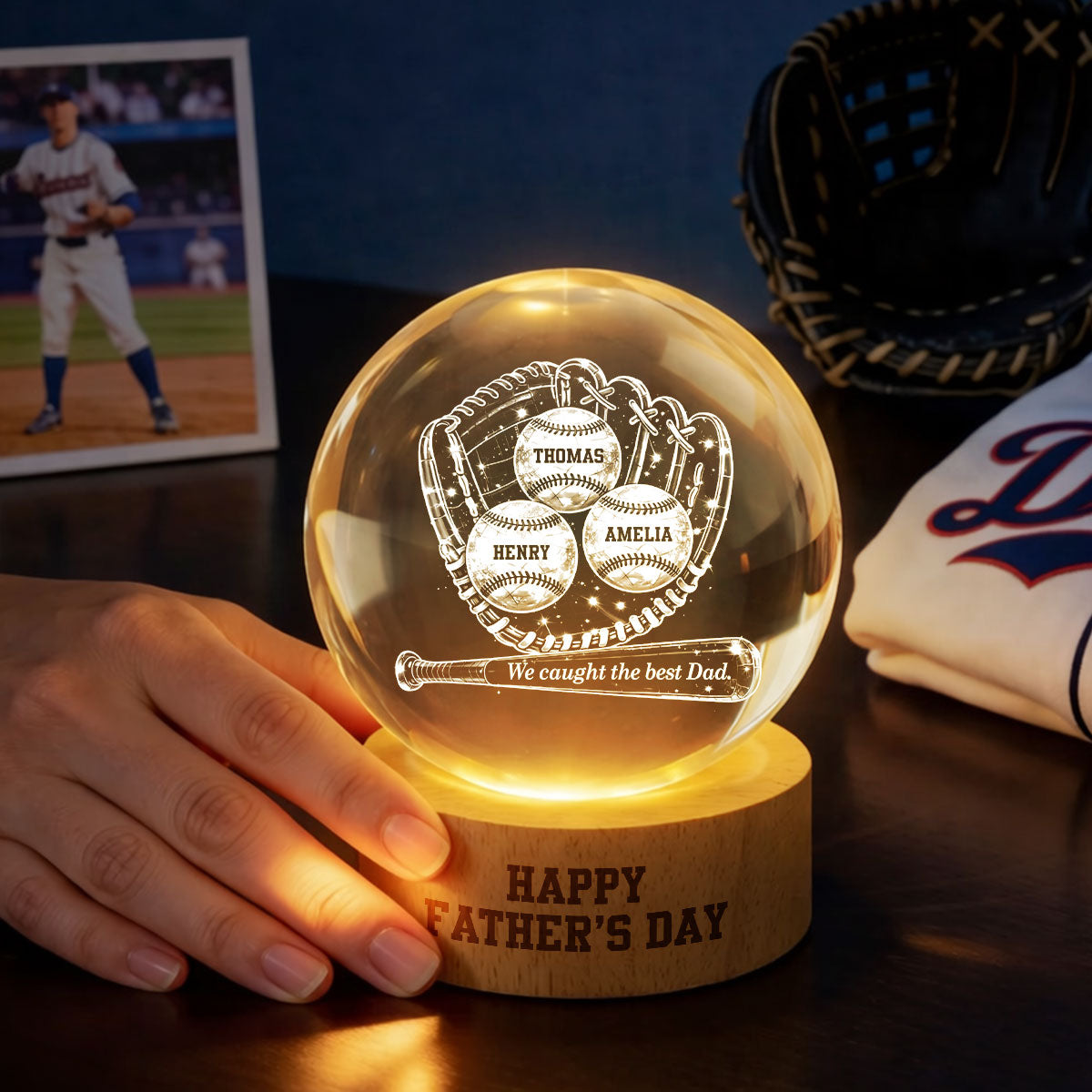 Happy Baseball Dad - Personalized Crystal Ball LED Night Light - Gift for Dad, Husband