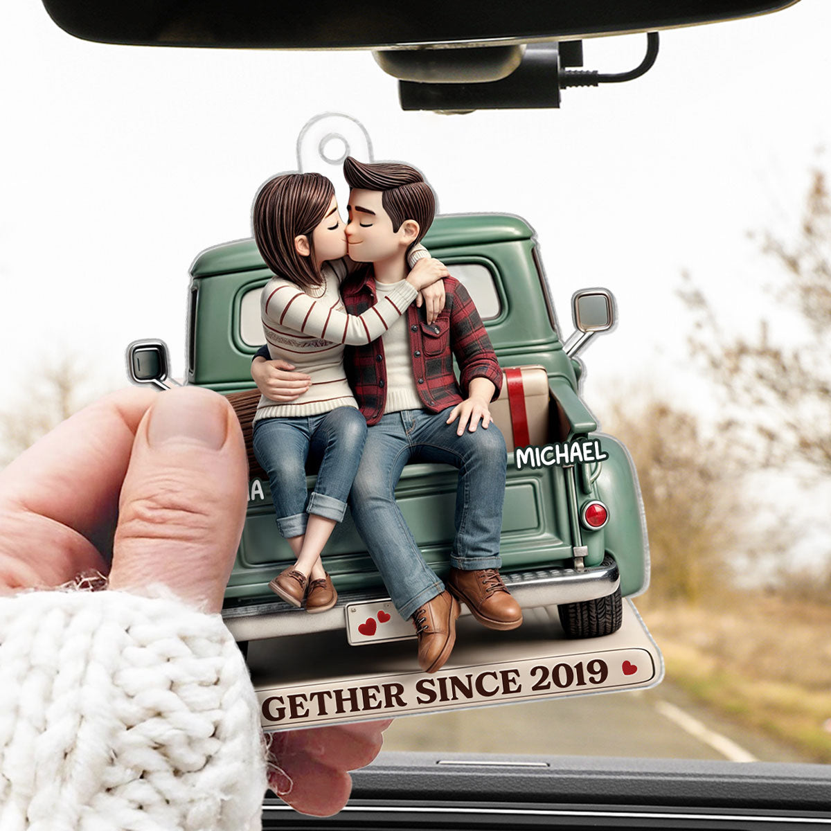 3D Effect Couple On Truck Personalized Acrylic Car Hanger Ornament, Heartfelt 2025 Gift For Couple, For Him, For Her, Boyfriend, Girlfriend, Husband, Wife