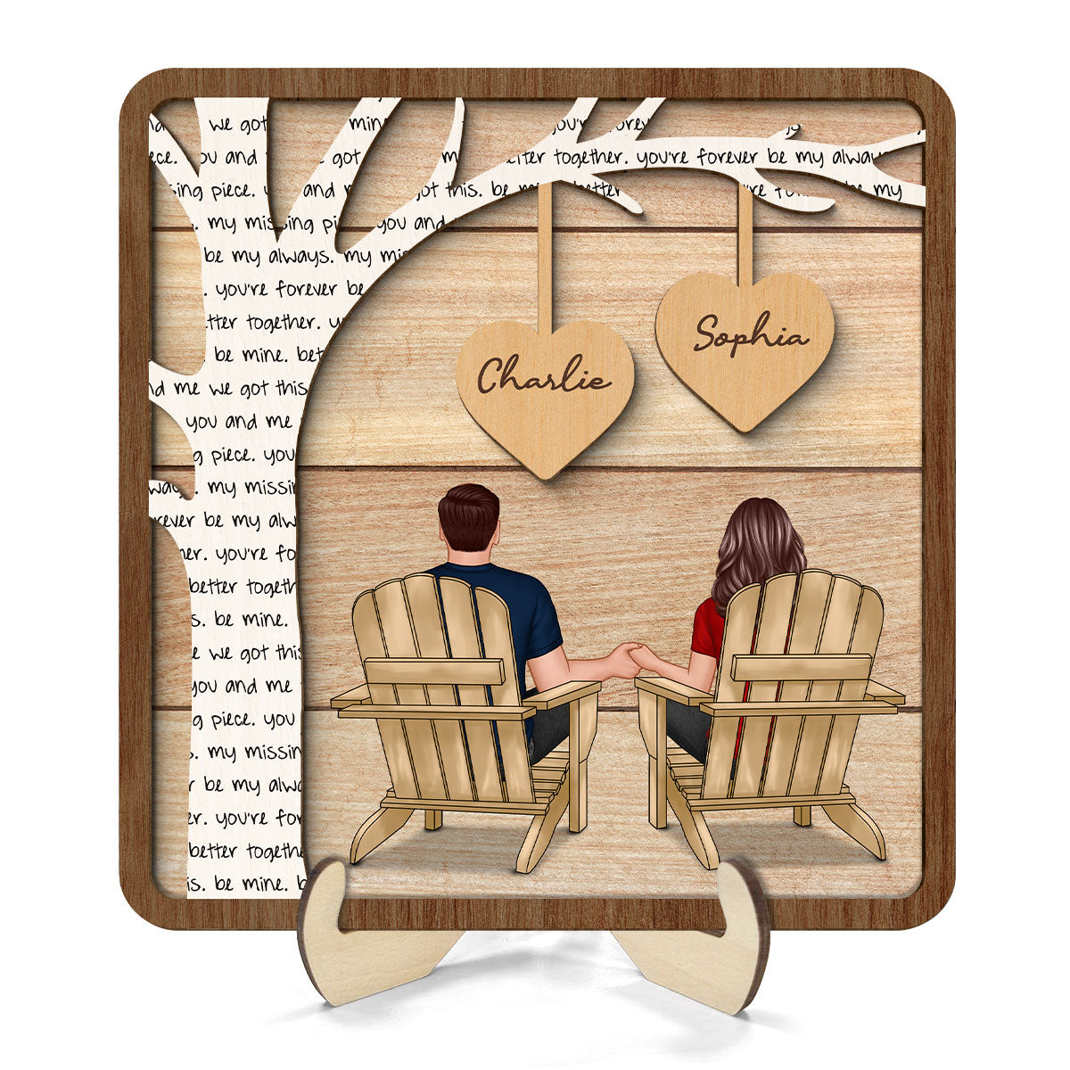 Couple Sitting Back View Under Text Tree Personalized 2-layer Wooden Plaque, Gift For Him, For Her