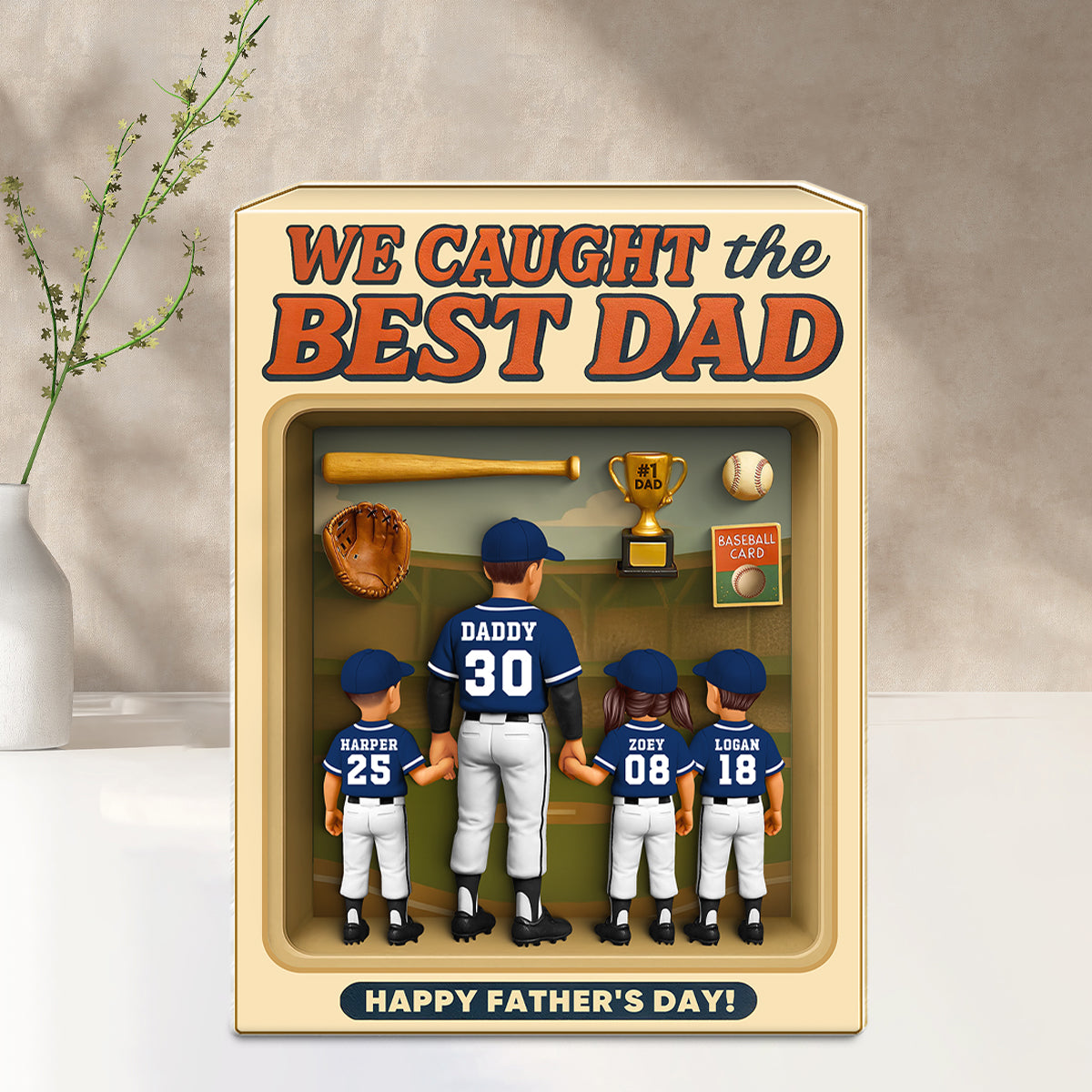 Baseball Dad And Kids, Custom Action Figure, Personalized Toy Box Acrylic Block, gift