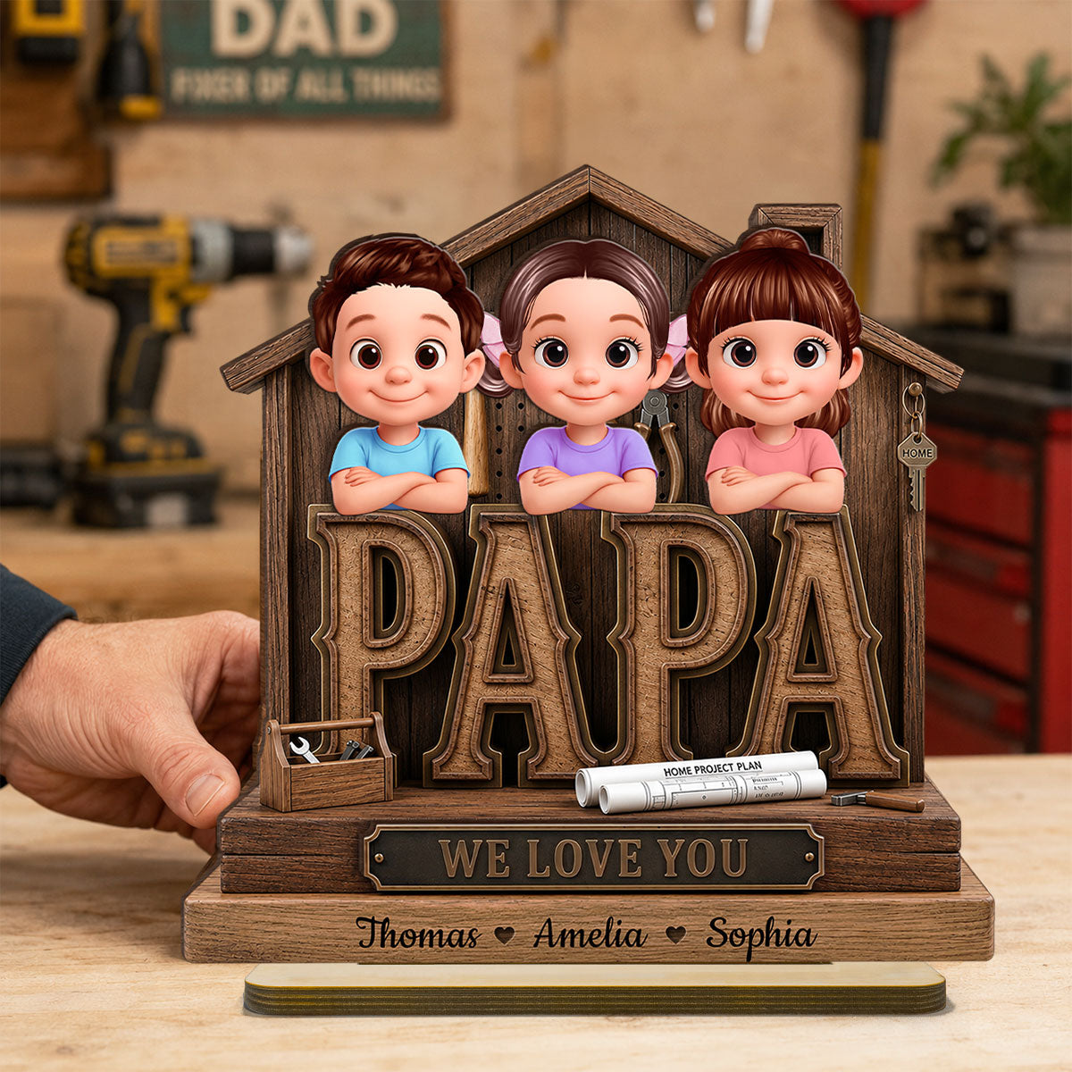 Papa Home Tools We Love You - Personalized 2-Layered Wooden Plaque - Gift for Grandpa, Dad