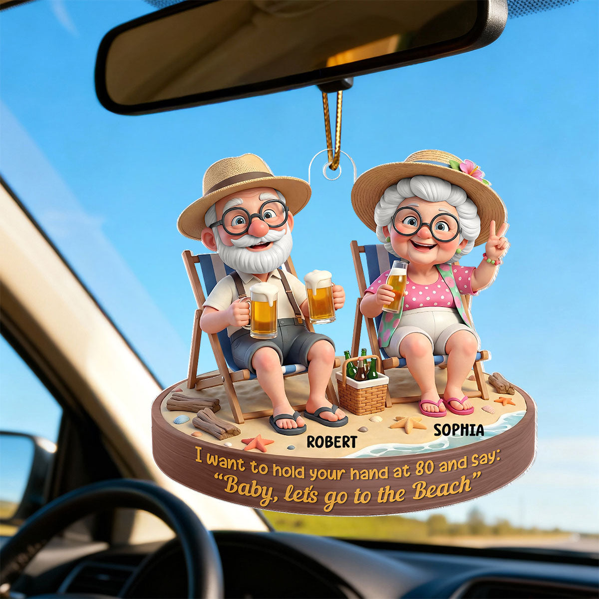 3D Effect Old Couple Baby Let's Go to the Beach - Personalized Acrylic Car Hanger - Sentimental Gift for him, for her
