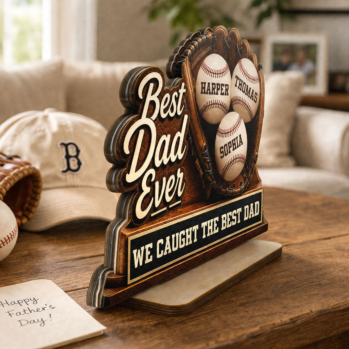 We Caught The Best Dad Baseball Glove - Personalized 2-Layered Wooden Plaque - Happy For Baseball Dad
