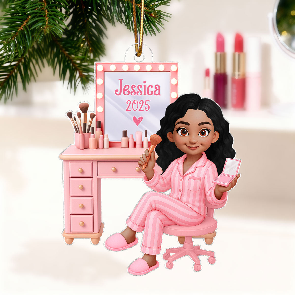 Pink Girl Makeup 3D Effect - Personalized Acrylic Ornament - Christmas Gift for Daughters, Granddaughters, Teen Girls
