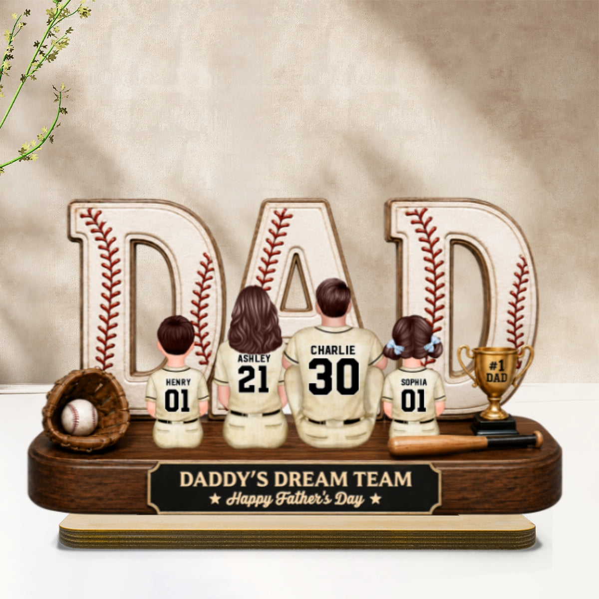 Baseball Daddy's Dream Team - Personalized 2-Layered Wooden Plaque - Unique Trending Gift For Dad, Husband, Baseball Fans