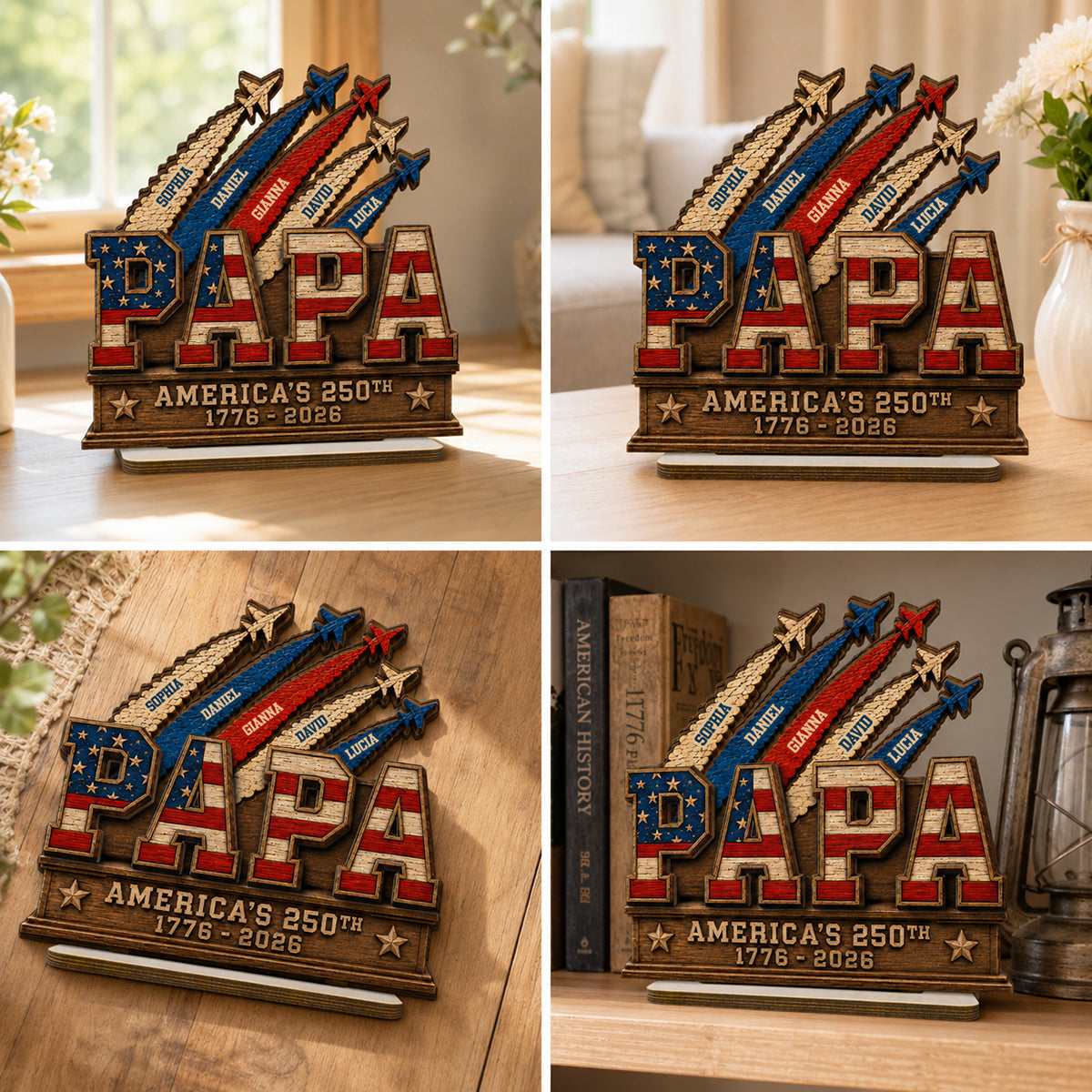Dad Grandpa Nation Flag American 250th Anniversary - Personalized Wooden Plaque - Gift For Dad, Grandpa