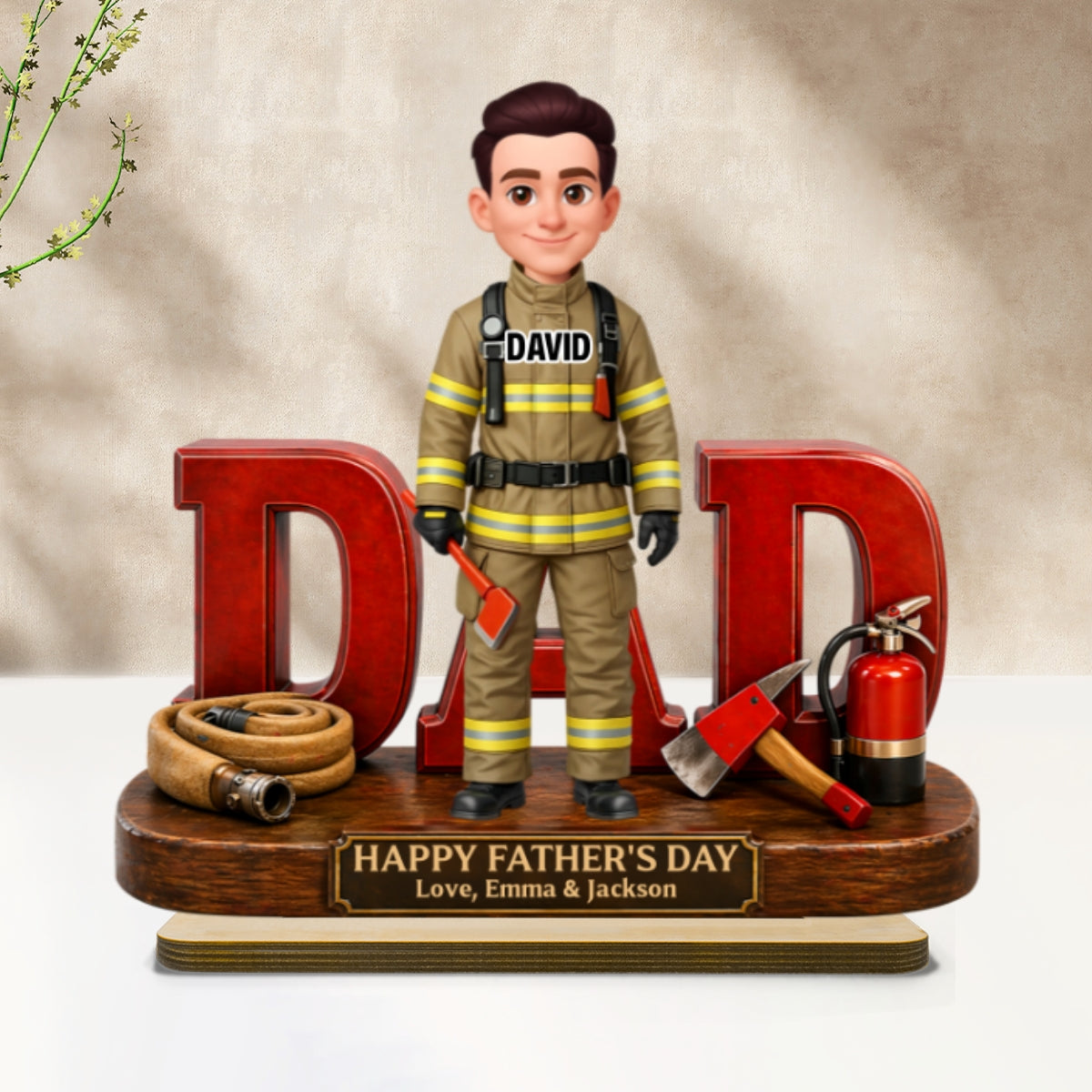 Proud American Firefighter Dad - Personalized 2-Layered Wooden Plaque - Gift For Dad