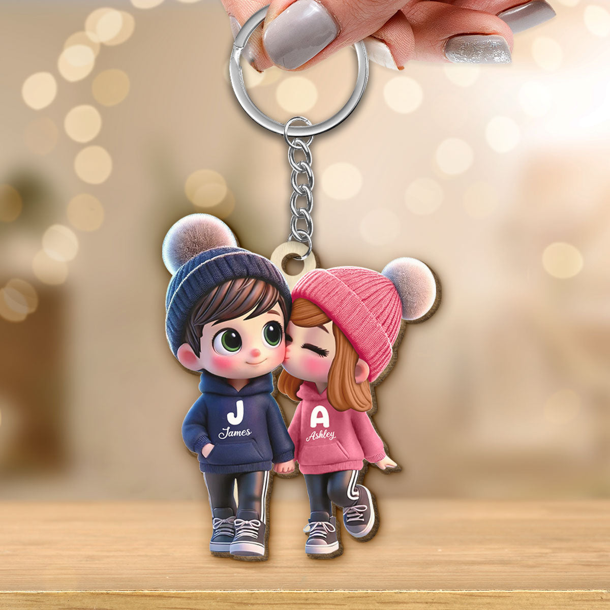 3D Effect Cute Cartoon Couple Walking Personalized Wooden Keychain, Gift for Him, Gift for Her