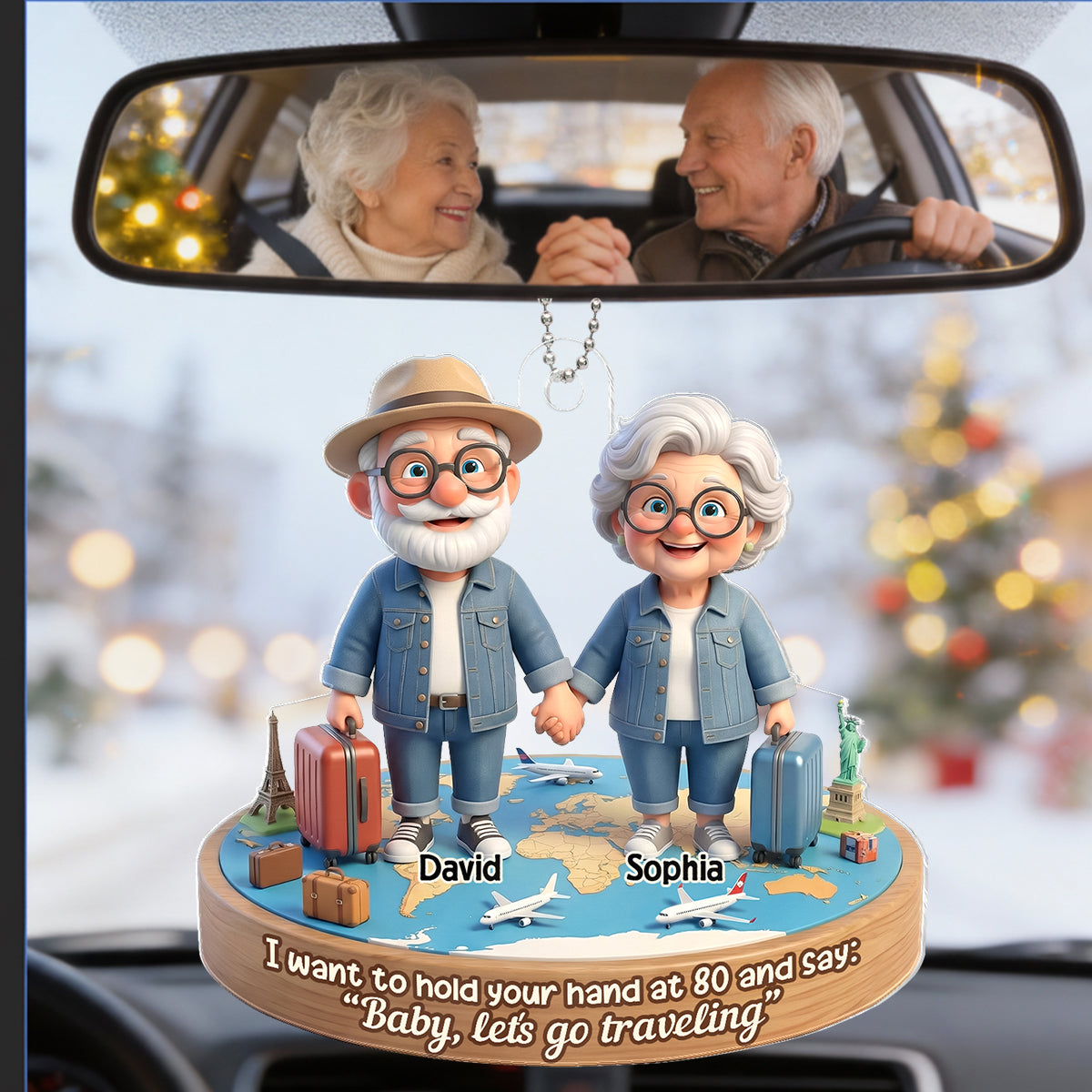 3D Effect Old Couple Baby Let's Go Traveling - Personalized Acrylic Car Hanger - Sentimental Gift for him, for her