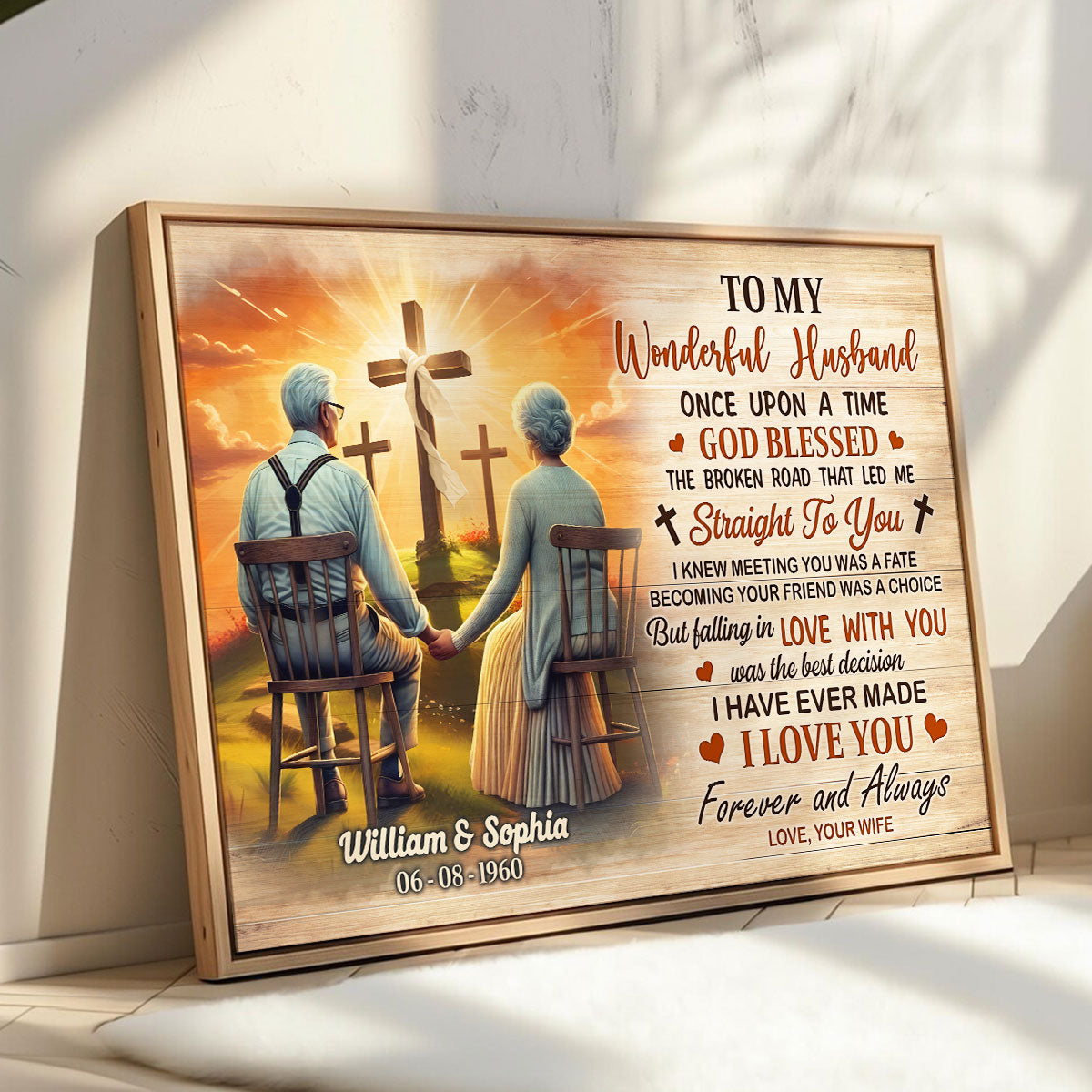 Cross God Gave Me You Old Couple Sitting Personalized Poster, Anniversary Gift For Him, Her, Husband, Wife