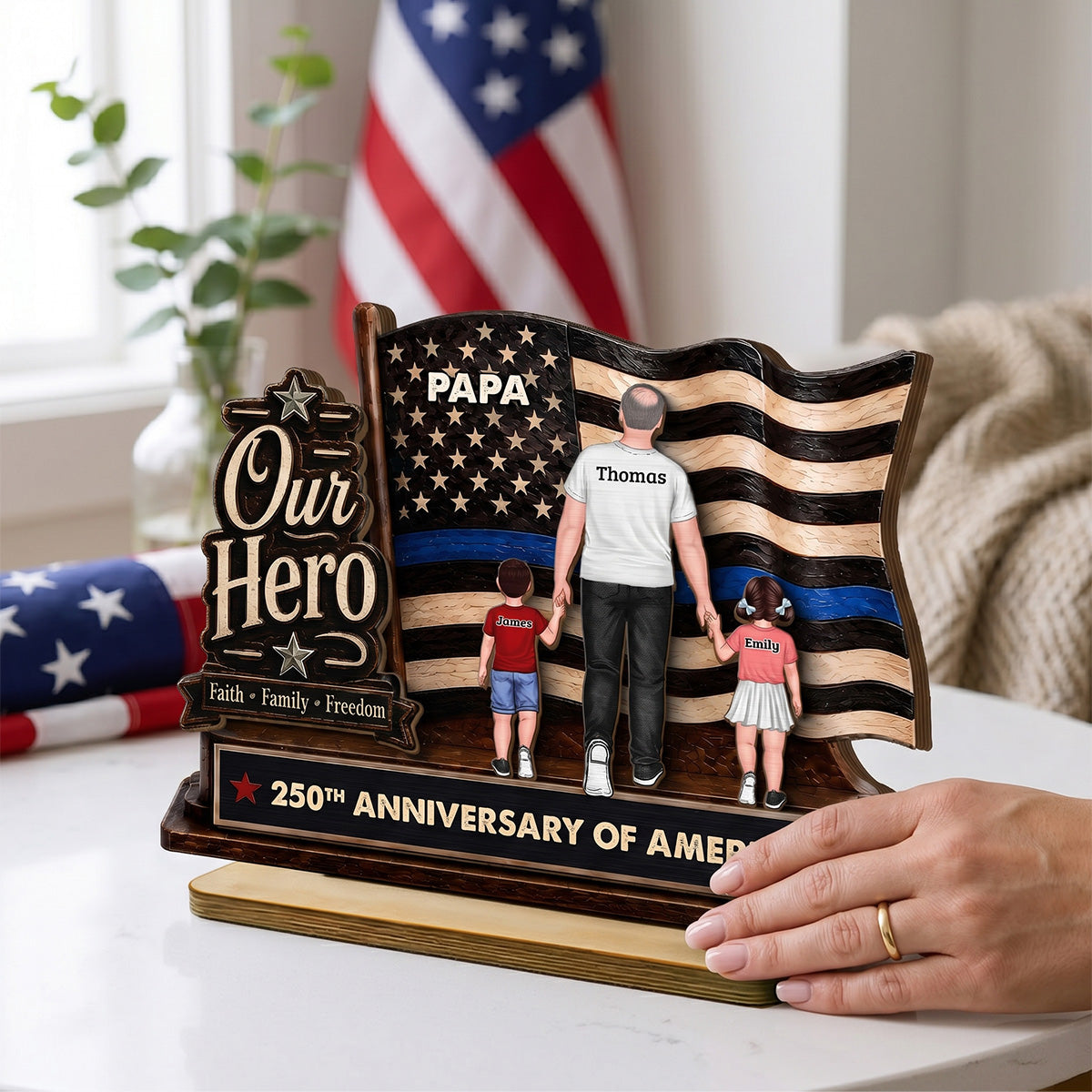 Dad Grandpa Our Hero American Flag 2D Flat - Personalized 2-Layered Wooden Plaque - Gift For Patriotic Dad, Grandpa, Husband