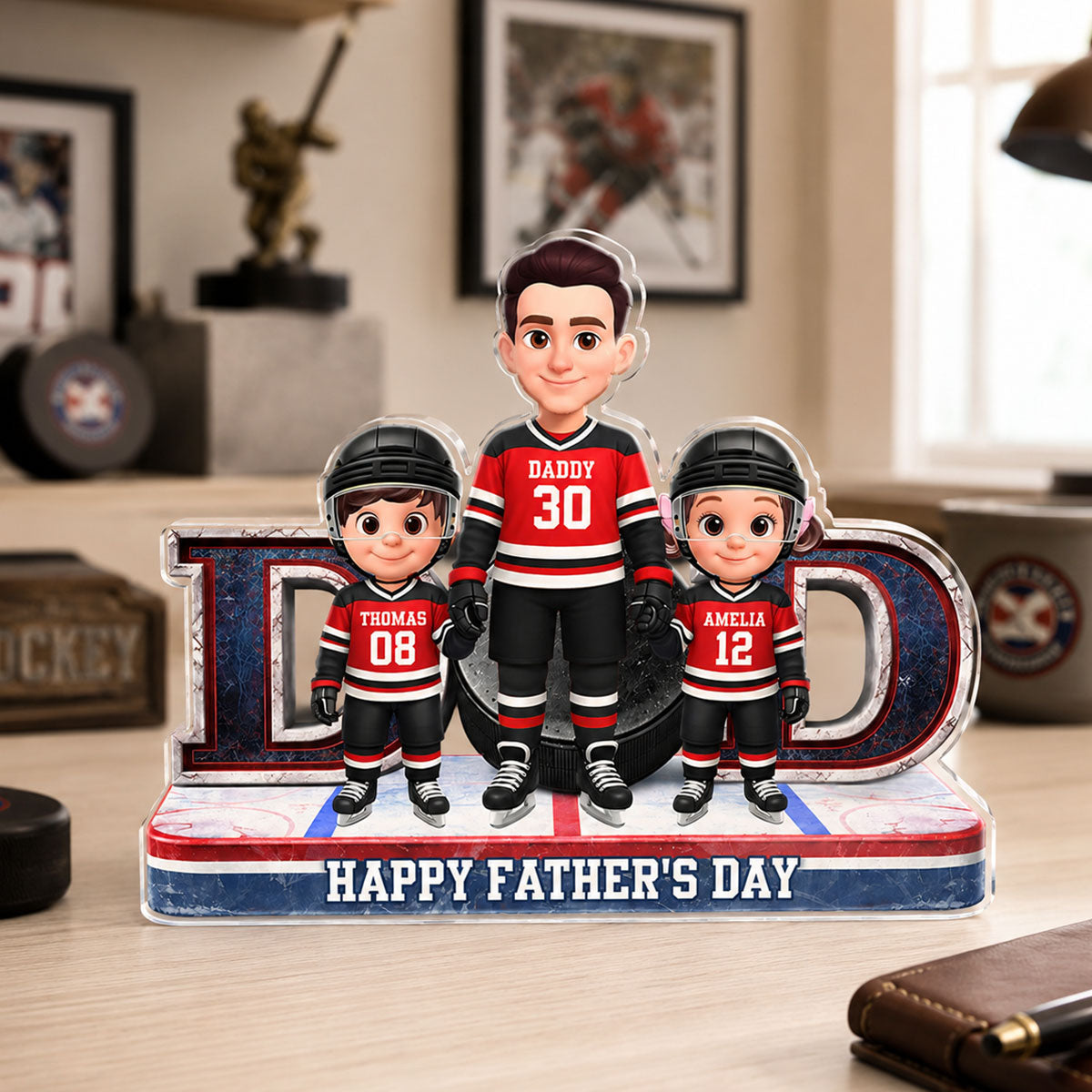 Hockey Dad And Kids Together Front View - Personalized Acrylic Block Plaque - Gift For Dad, Husband
