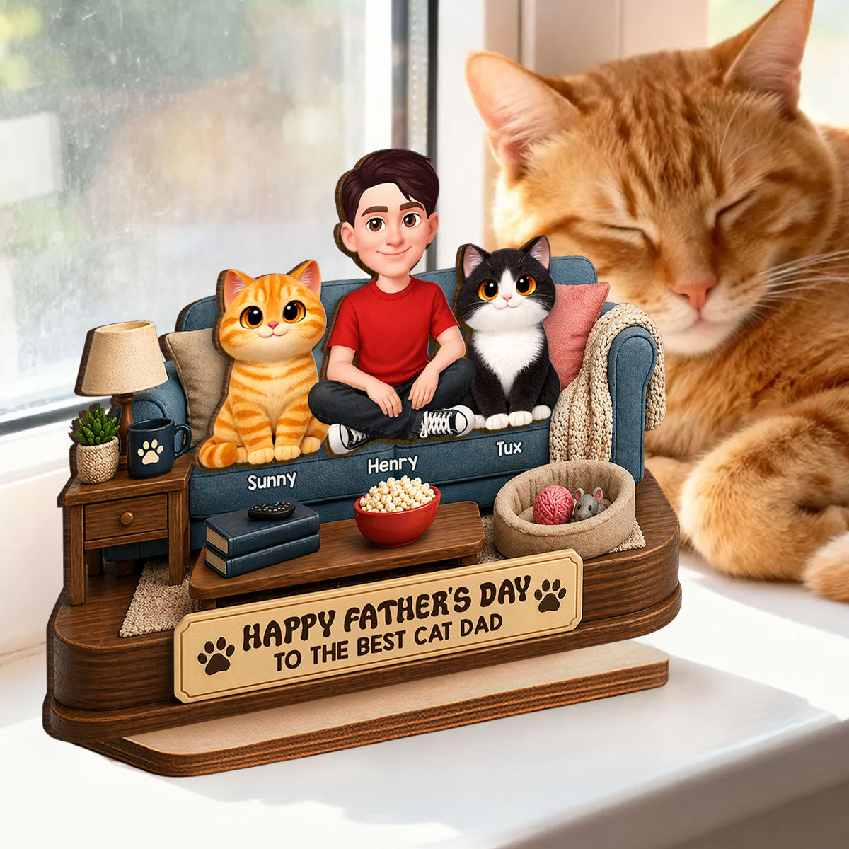 Happy Best Cat Dad - Personalized 2-Layered Wooden Plaque - Gift For Cat Dad, Cat Lovers