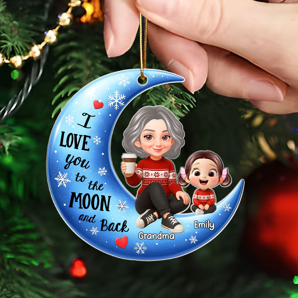 Cute Grandma Grandkids Sitting on Moon Personalized Acrylic Ornament, Christmas Gift for Grandma, Granddaughter, Grandson