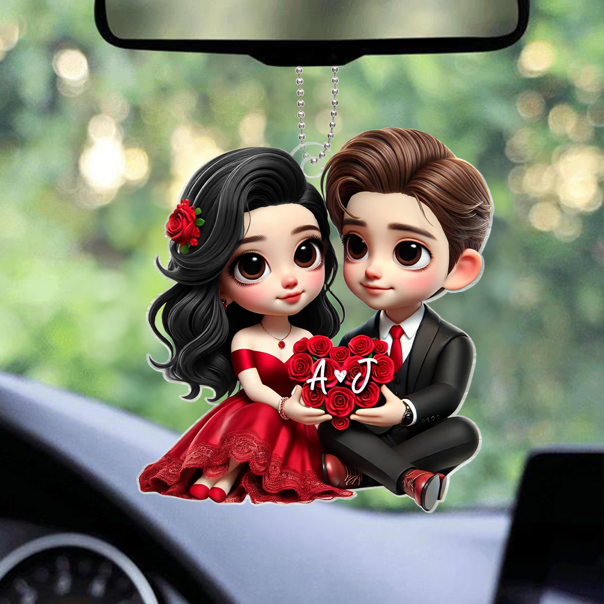 Romantic Couple Roses Personalized Acrylic Car Hanger, Anniversary Gift for him, Gift for her