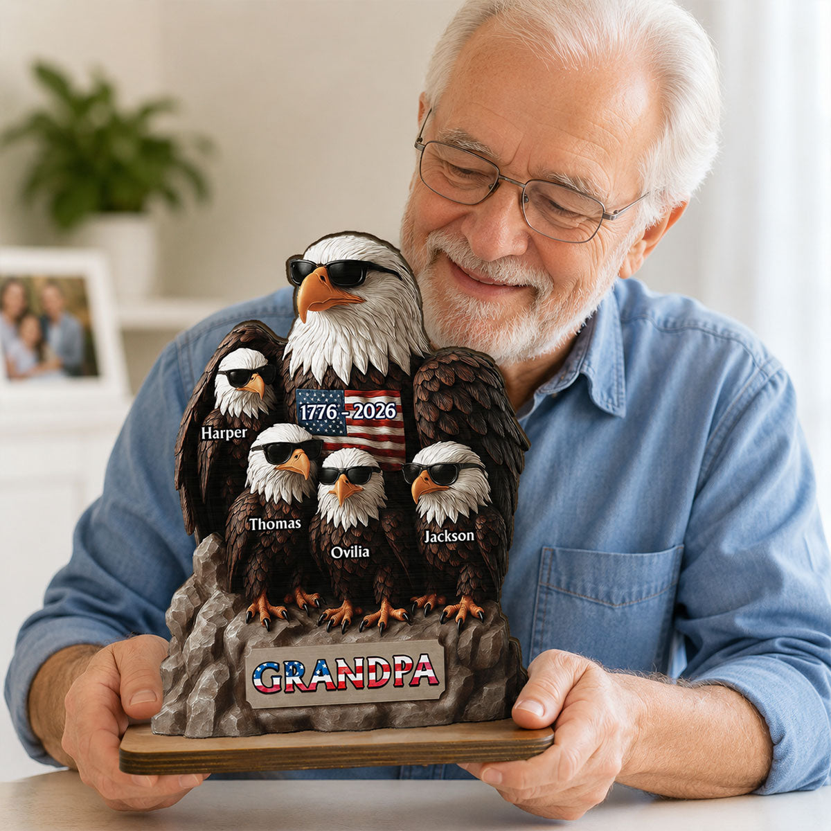America 250th Anniversary Patriotic Eagle Grandpa Dad & Kids - Personalized 2-Layered Wooden Plaque - Gift, 250th Anniversary Gift, Keepsake For Grandpa, Dad