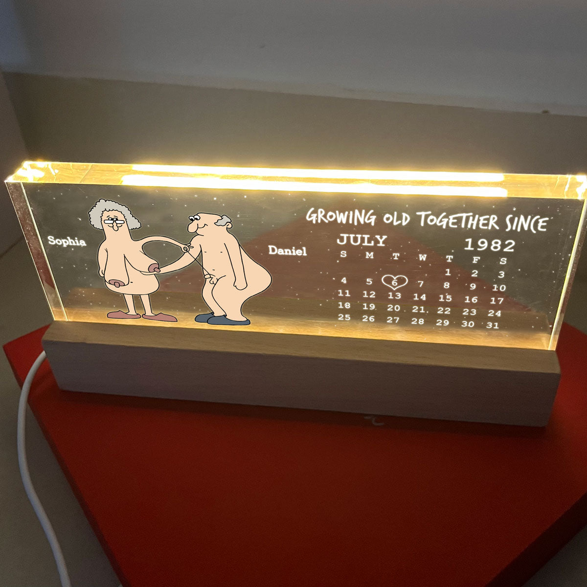 Growing Old Together Funny Old Couple Anniversary Calendar Keepsake Gift Personalized Acrylic Block LED Night Light