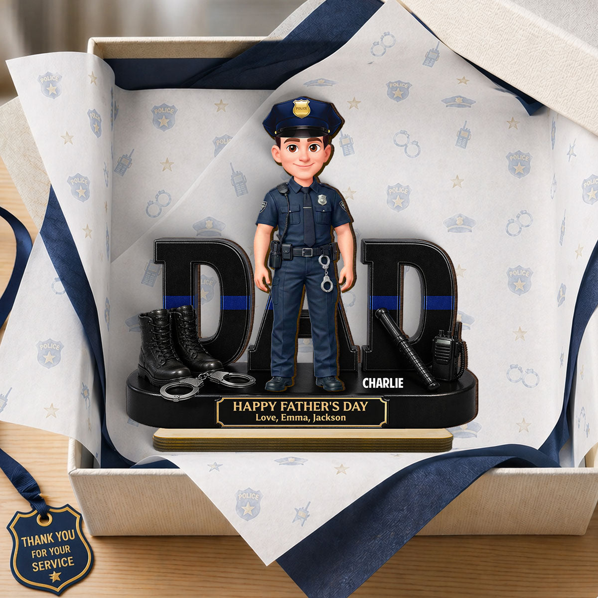 Proud American Police Officer Dad - Personalized 2-Layered Wooden Plaque - Gift For Dad