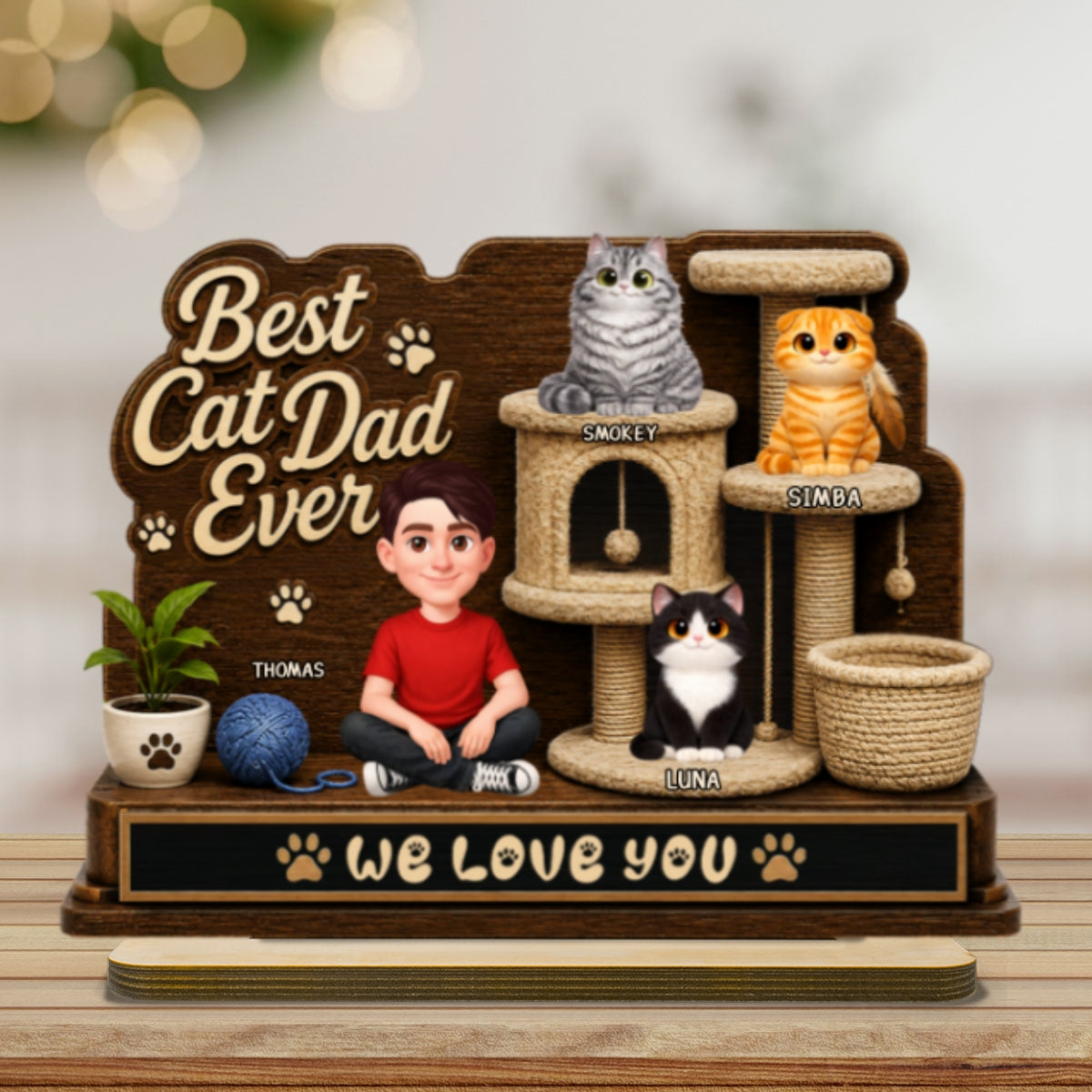 Best Cat Dad Ever Man Sitting Cute Cats On Cat Tree 2D Flat - Personalized 2-Layered Wooden Plaque - Gift For Cat Dad