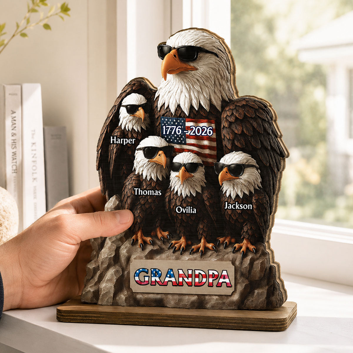 America 250th Anniversary Patriotic Eagle Grandpa Dad & Kids - Personalized 2-Layered Wooden Plaque - Gift, 250th Anniversary Gift, Keepsake For Grandpa, Dad